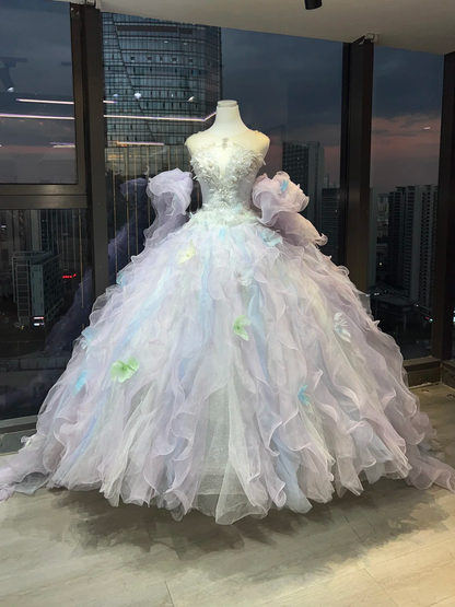 Strapless Lavender Ombre Tulle Ball Gown Detachable Ruffle Sleeve 3D Floral Fairy Prom Dress  NV7000