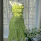 Light Green Spaghetti Straps Tiered Chiffon Short Formal Dress With Sparkle Beads Irregular Flowy Skirt  NV6887