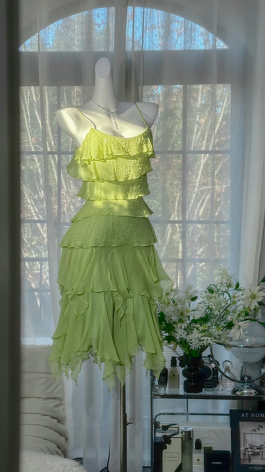 Light Green Spaghetti Straps Tiered Chiffon Short Formal Dress With Sparkle Beads Irregular Flowy Skirt  NV6887