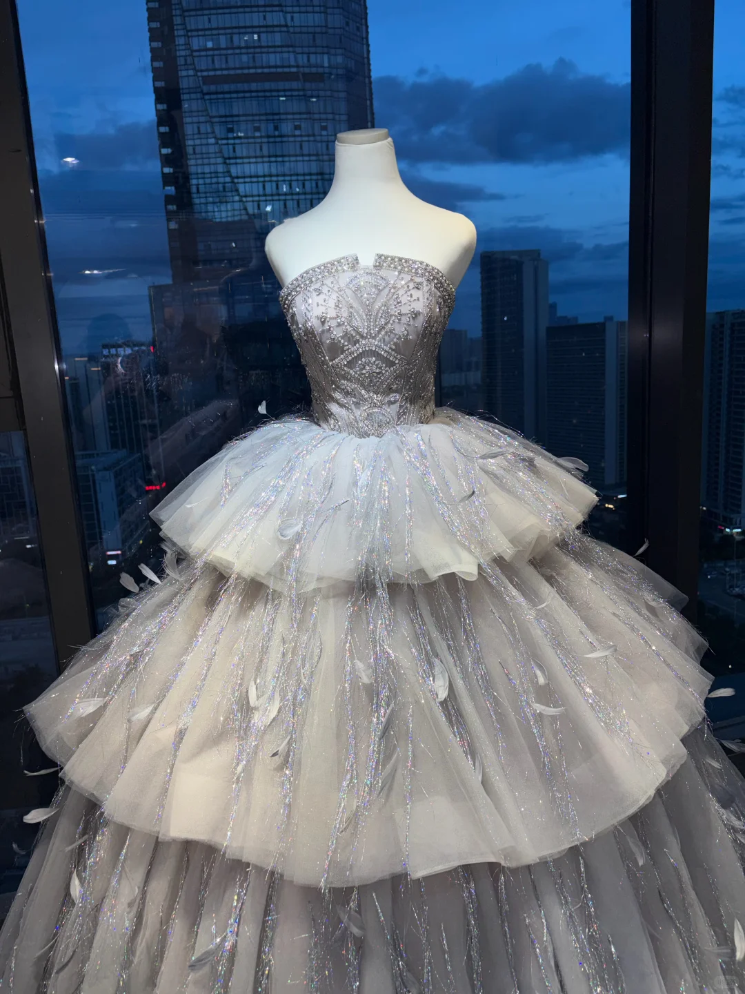 Silver Gray Strapless Princess Ball Gown Heavy Rhinestone Beading Tiered Glitter Tulle Feather Long Evening Gown  NV7005