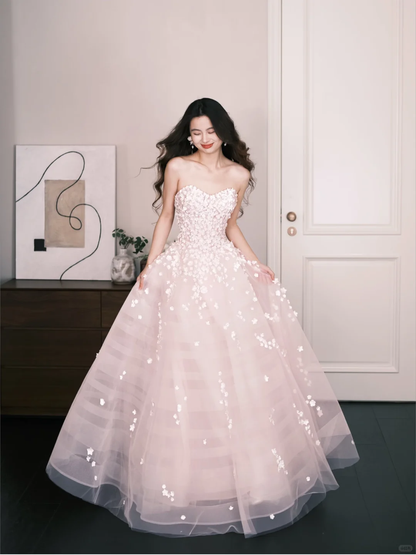 Sweetheart Strapless Pink Tulle Ball Gown, 3D Flower Beaded Princess Prom Dress  NV7305