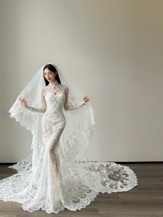 High Neck Long Sleeve Lace Mermaid Wedding Dress Detachable Overskirt Bridal Gown  NV7127