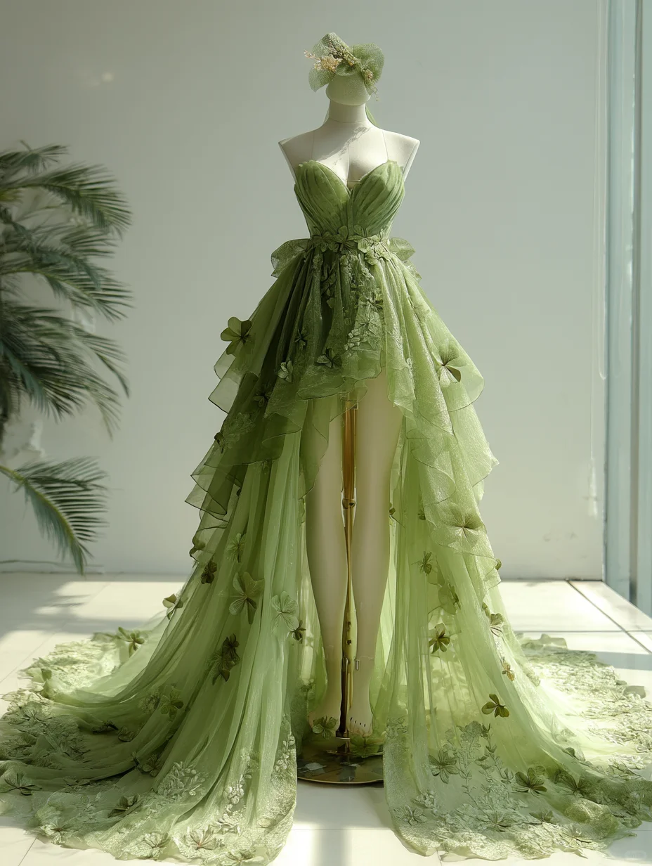 Green Strapless Fairy High Low Tulle Gown with 3D Clover Appliqué  NV7501