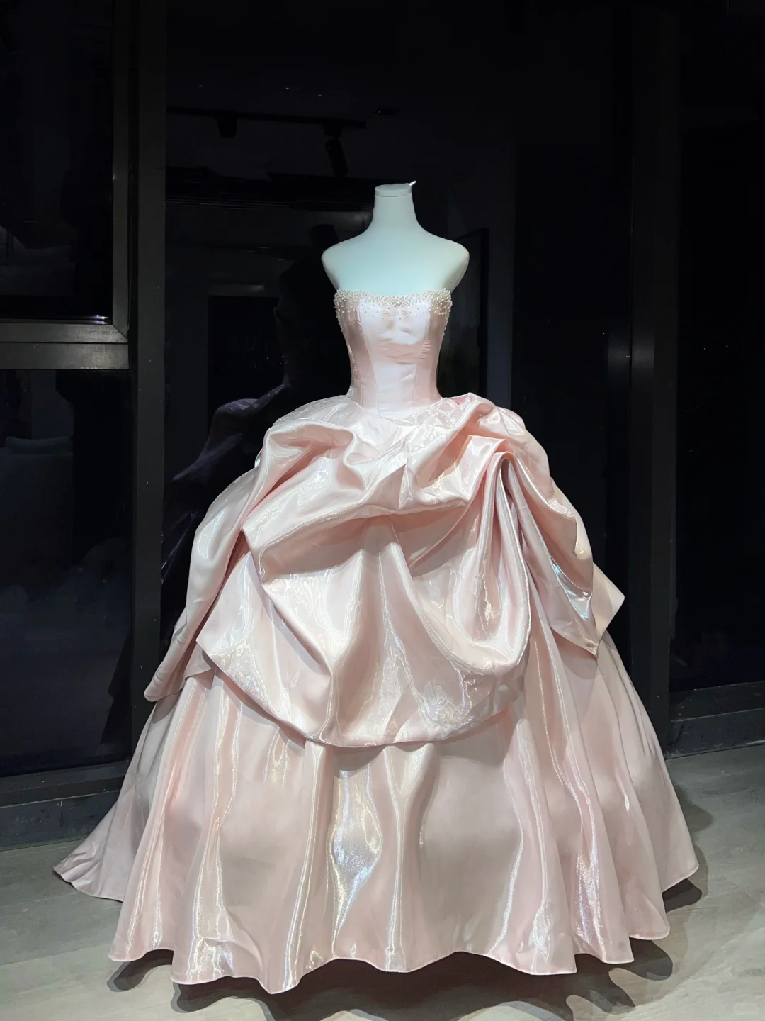 Strapless Blush Pink Prom Dress Hand Beaded Neckline Corset Shiny Satin Ruffle Ball Gown  NV7044