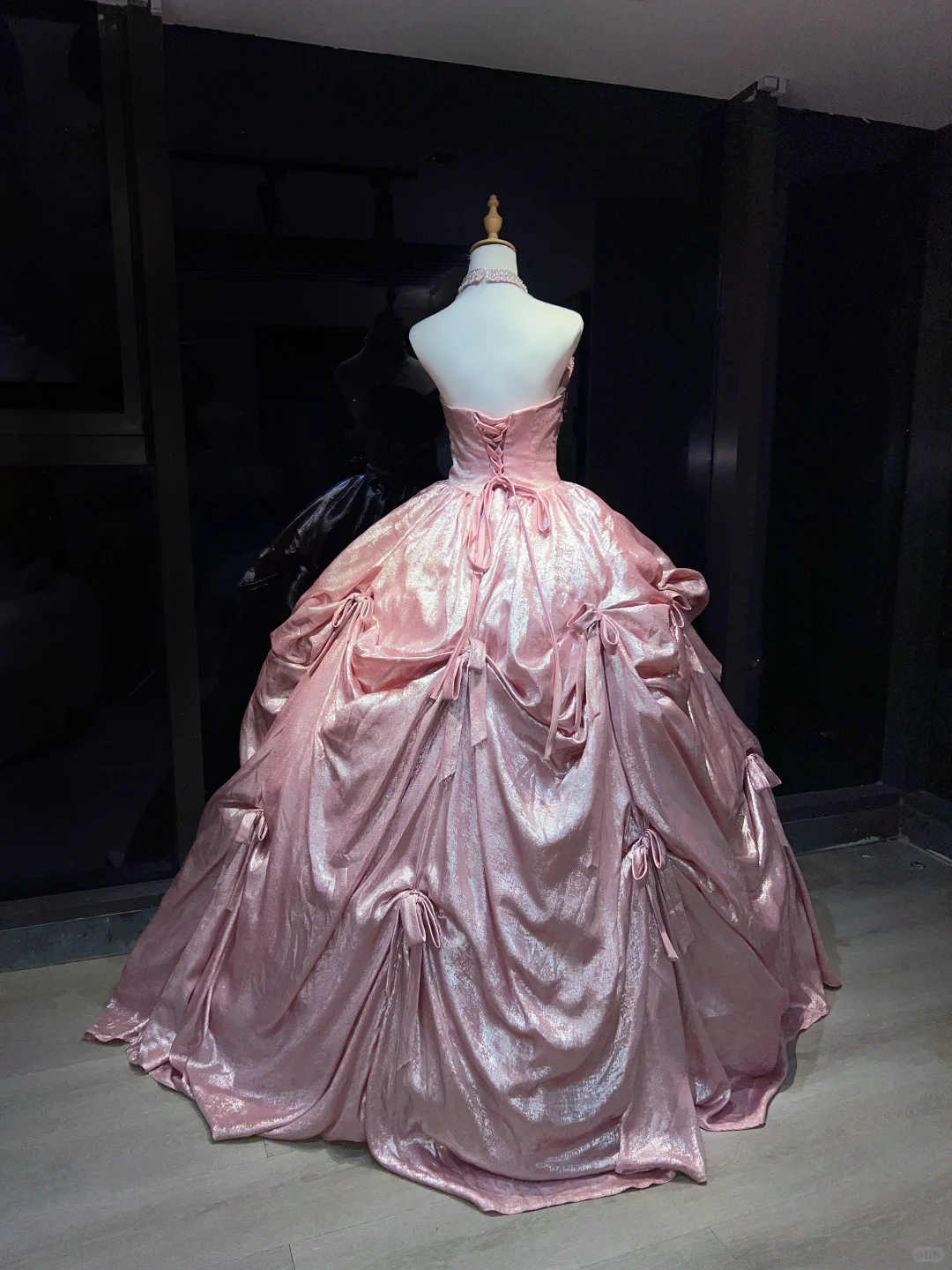 Strapless Shimmer Pink Prom Dress Vintage Satin Ruched Rhinestone Bow Ball Gown  NV7053