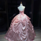 Shimmer Pink Satin Long Evening Gown Strapless Puffy Ball Gown with Bows Prom Dress  NV7066