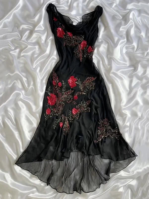 Black exquisite rose flower beaded long Chiffon prom dresses evening dress nv5368