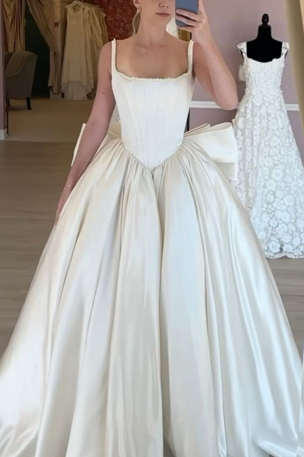 NiceVestidos--Short Sleeve Satin Long Square Neck Wedding Dress Corset NV5884