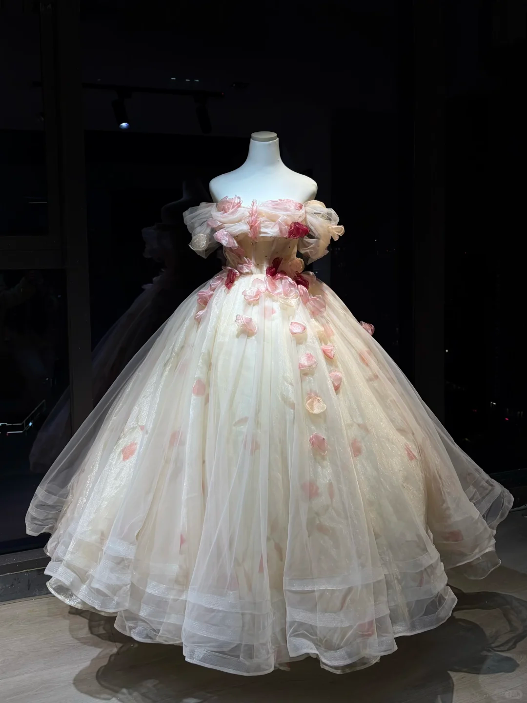 Off Shoulder Ivory Prom Dress 3D Pink Petal Floral Appliques Glitter Tulle Ball Gown  NV7046