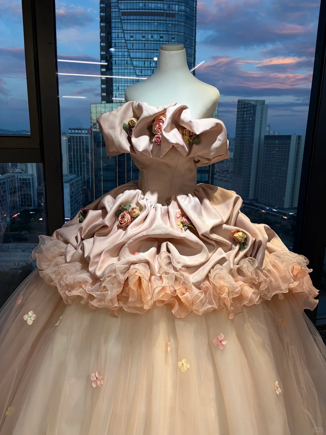 Off Shoulder Blush Pink Vintage Ball Gown 3D Rose Floral Satin Tulle Long Prom Dress  NV7026