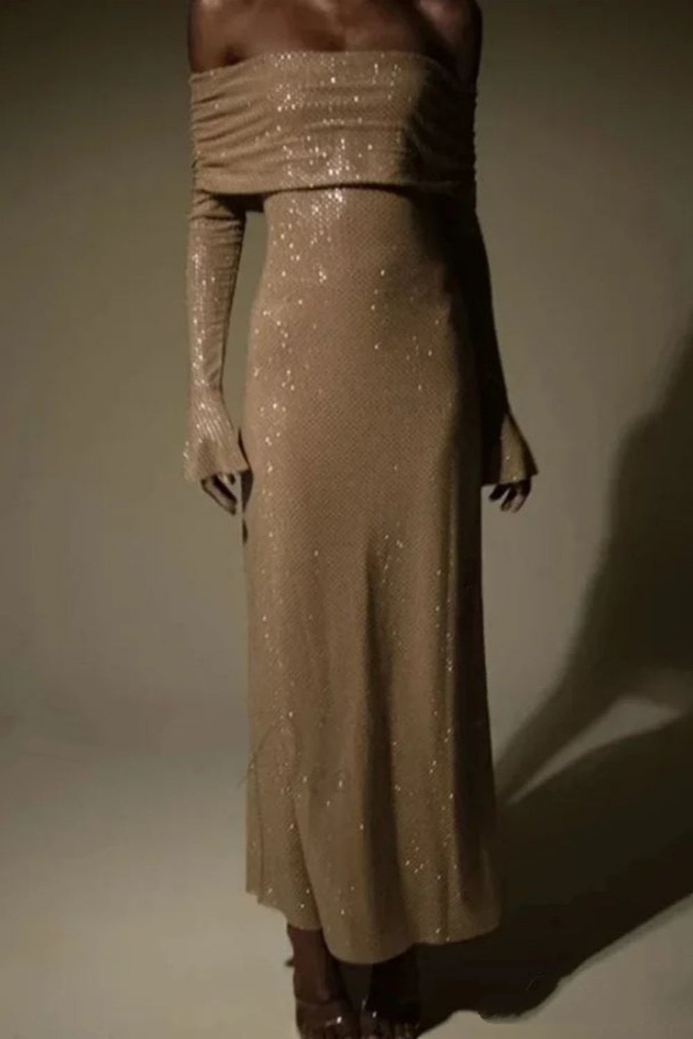 Champagne gold/grey sequined long sleeves charming off-the-shoulder long prom dress party dress nv5295