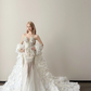 Deep V White Mermaid Wedding Dress 3D Floral Detachable Sleeve Bridal Gown  NV7126