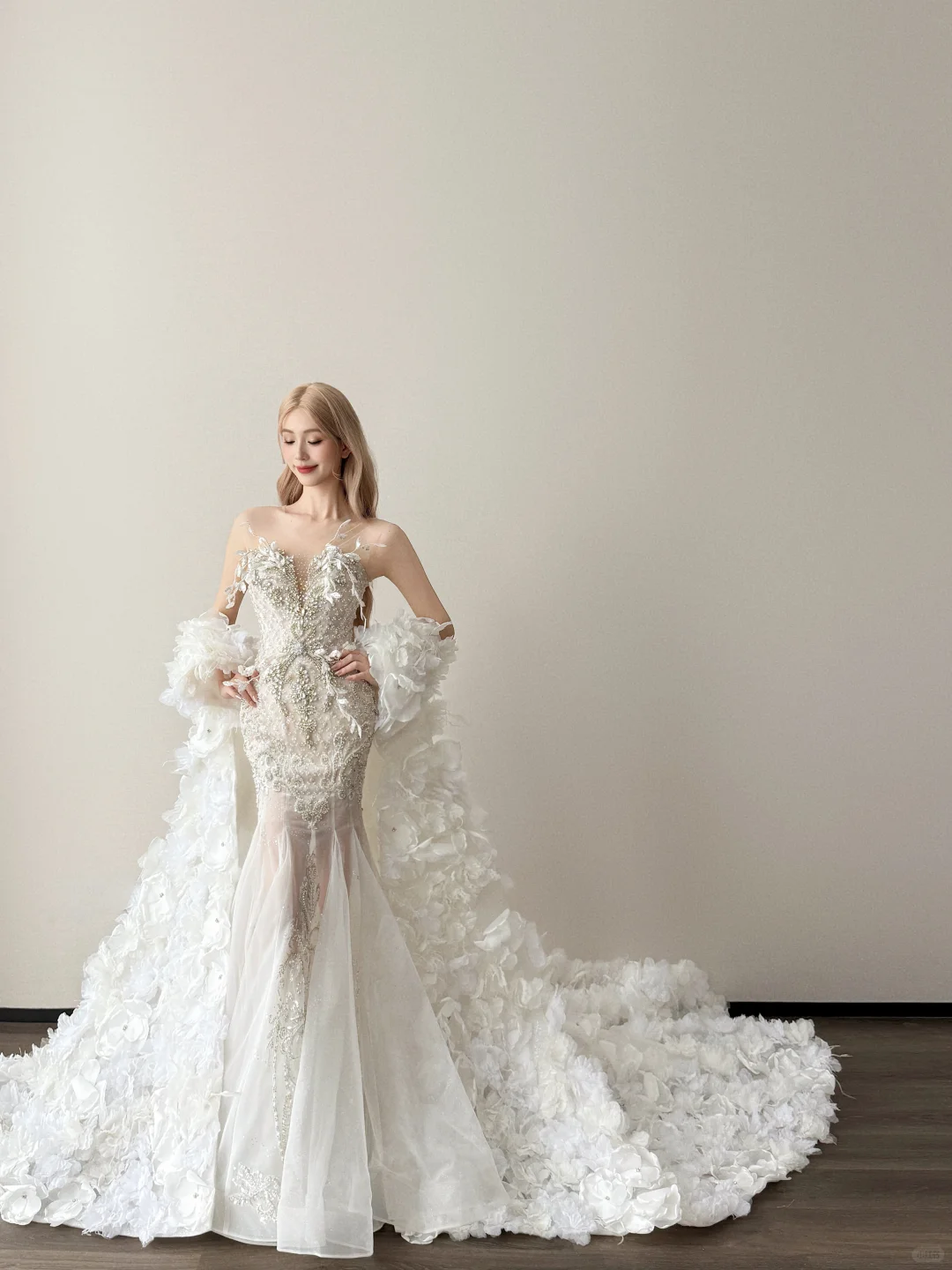Deep V White Mermaid Wedding Dress 3D Floral Detachable Sleeve Bridal Gown  NV7126