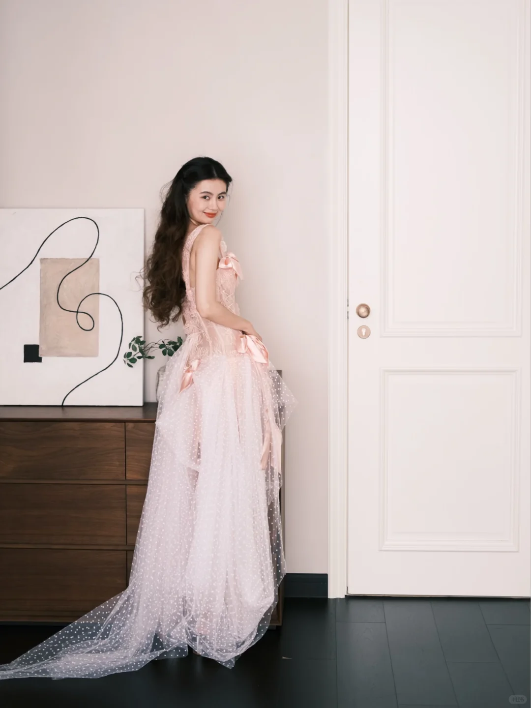 Blush Pink Polka Dot Tulle Lace Formal Dress Spaghetti Strap Bow Gown  NV7259