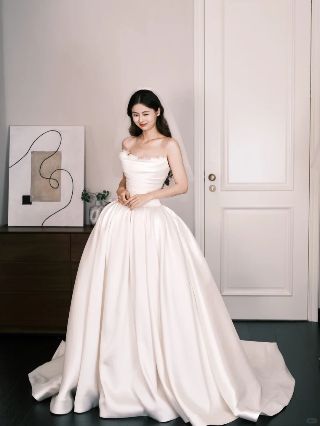 Strapless Feather Trim Satin Ballgown Wedding Dress  NV7295