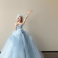 Light Ice Blue Strapless Prom Gown Beaded 3D Flower Multi-Layer Tulle A Line Evening Dress  NV7150