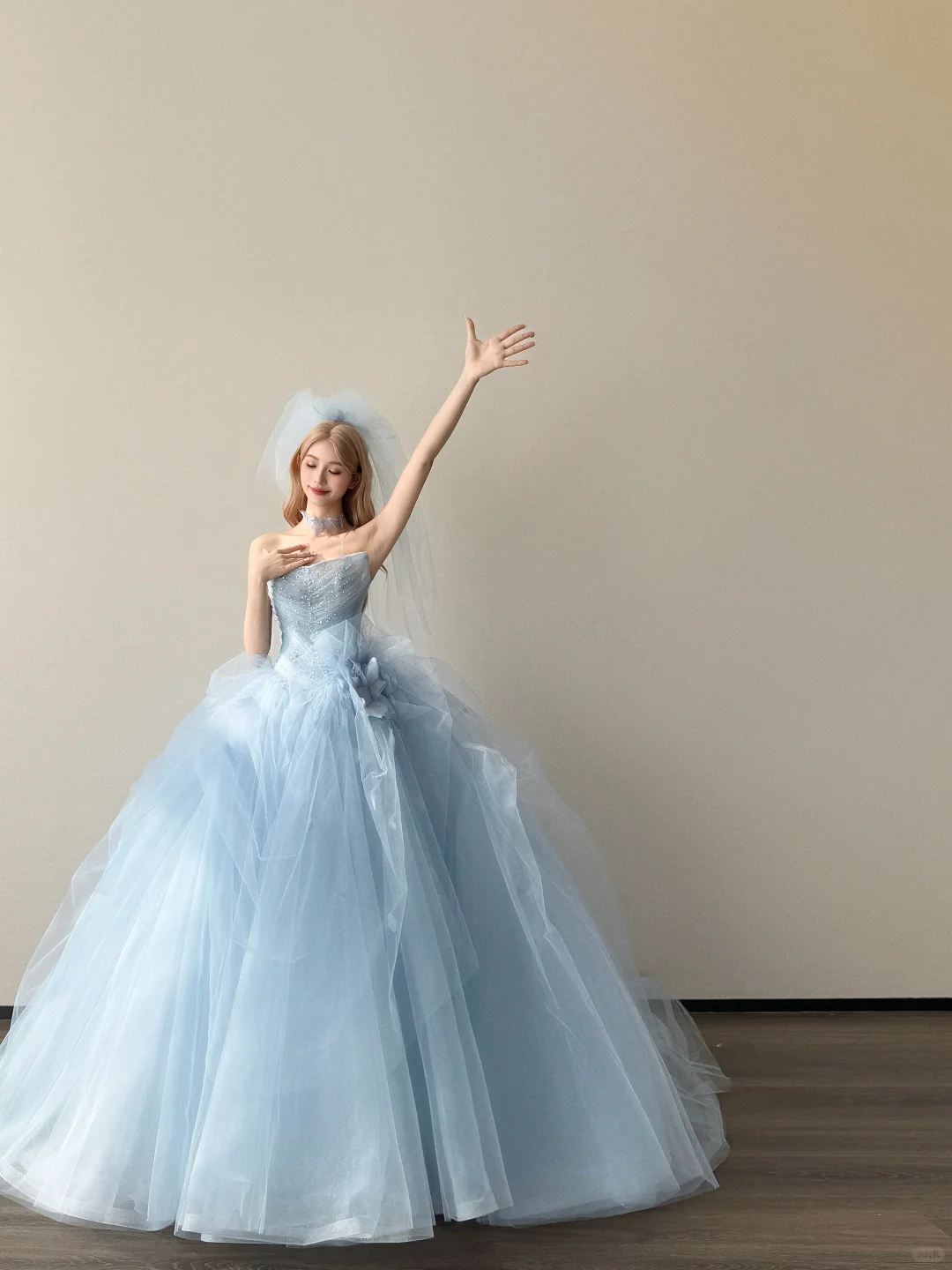 Light Ice Blue Strapless Prom Gown Beaded 3D Flower Multi-Layer Tulle A Line Evening Dress  NV7150