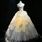 Strapless Cream Yellow Ombre Tulle Prom Dress Ruched Bodice Tiered Cake Princess Ball Gown  NV6991