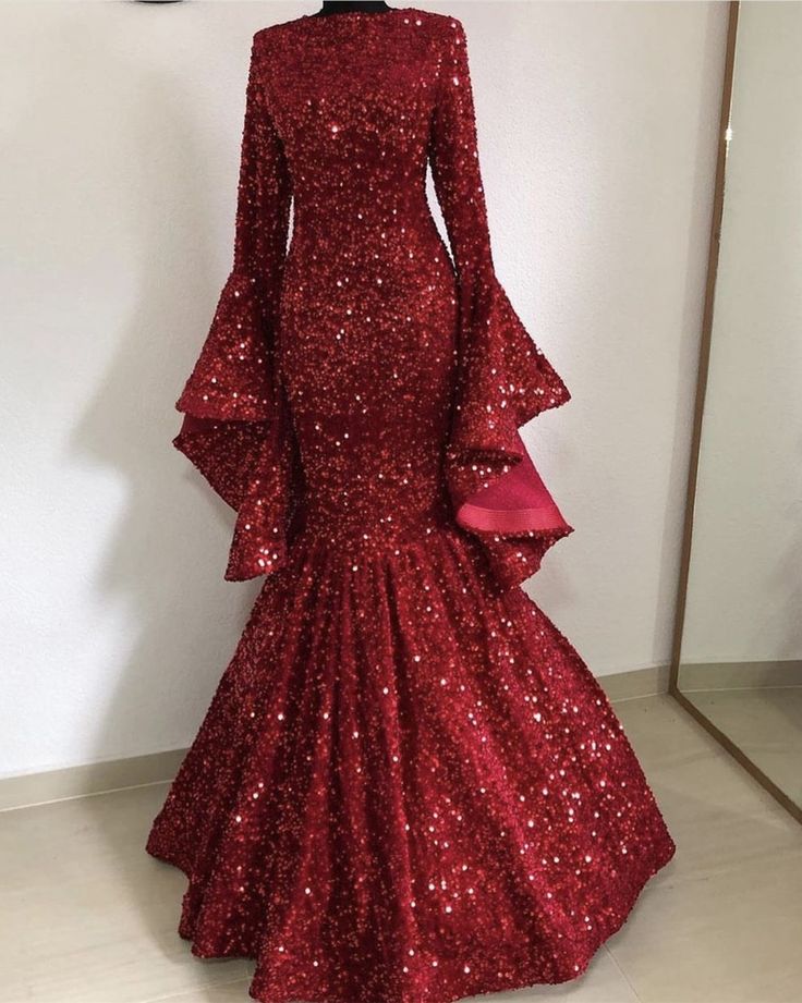 NiceVestidos-_Long-sleeved dress Royal Blue Sequin Gown Modest Burgundy Prom Dress NV6060