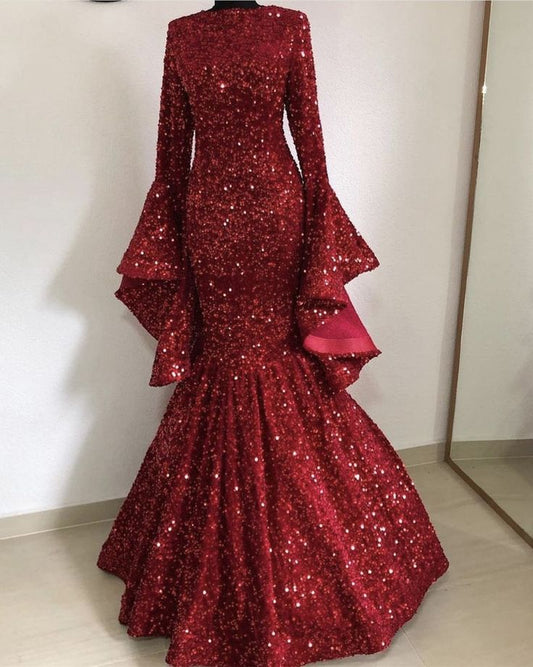 NiceVestidos-_Long-sleeved dress Royal Blue Sequin Gown Modest Burgundy Prom Dress NV6060