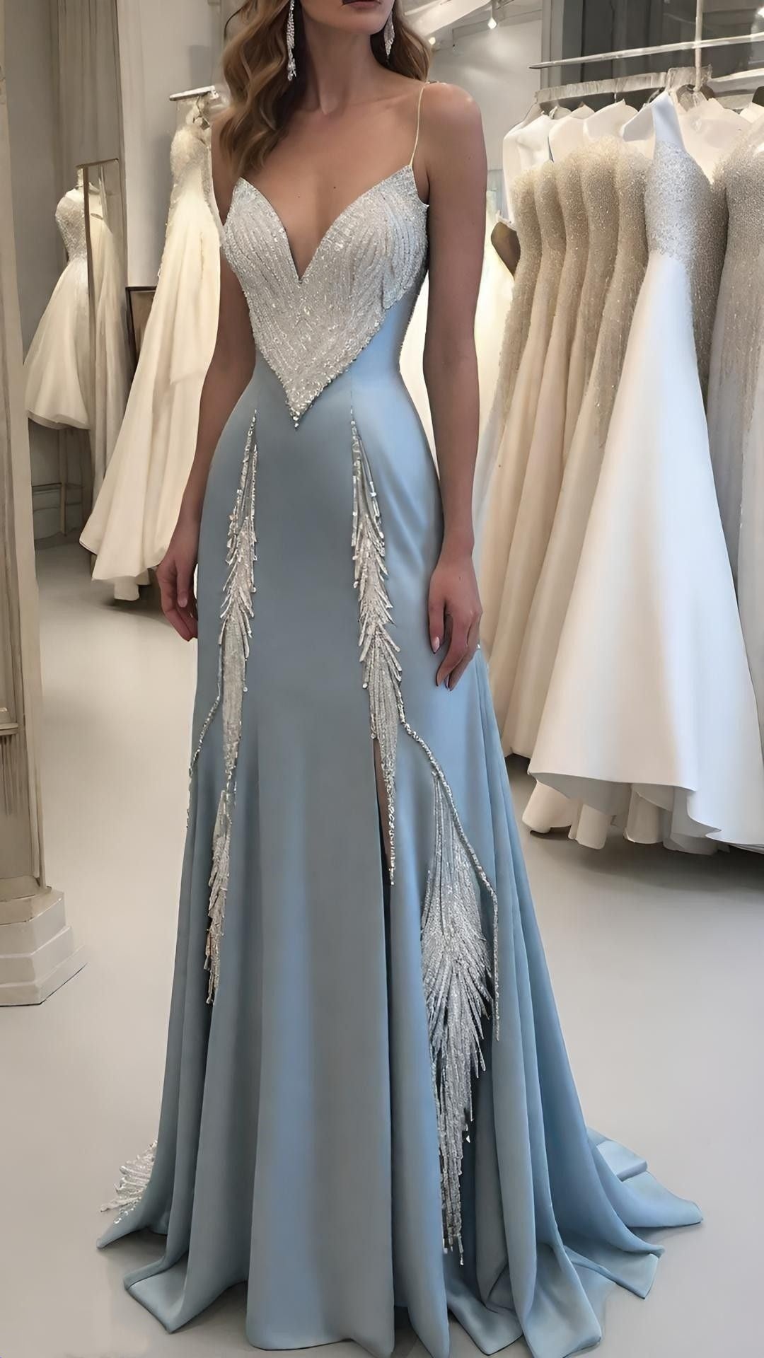 Robe de soirée longue bleu clair, magnifique, perlée, brillante, sexy, élégante, sirène, moulante, robe de bal, robe de soirée, robe de mariée, nv5115