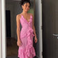 Rosa Spaghettiträger Rüschen Maxikleid Langes Partykleid Abendkleid nv2695