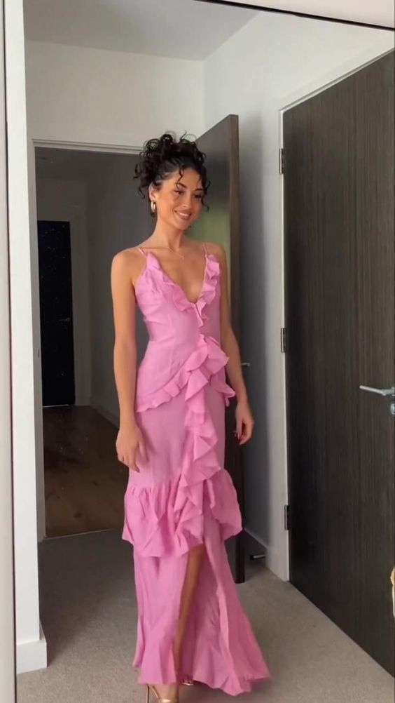 Rosa Spaghettiträger Rüschen Maxikleid Langes Partykleid Abendkleid nv2695