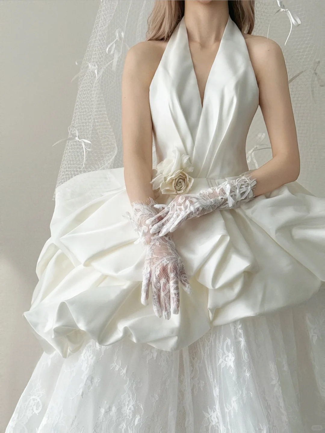 White Halter A Line Wedding Gown Deep V Satin 3D Flower Ruffle Lace Bridal Dress  NV7148