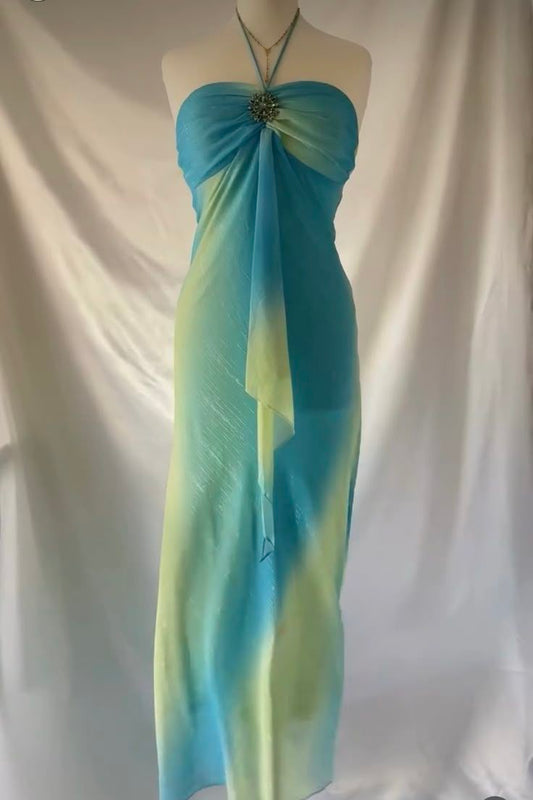 NiceVestidos--Blue and yellow exquisite suspenders long chiffon fashion gradient prom dress NV5674