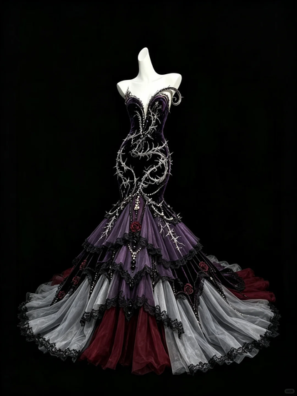 Gothic Thorn 3D Rose Velvet Mermaid Prom Gown  NV7458