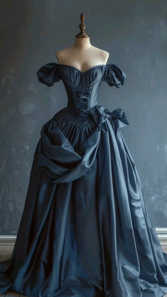 Retro Court Style Deep Sea Blue Satin Off-Shoulder Cinched-Waist Ballgown - Dinner & Retro Theme Ball Dress NV6384