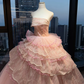 Strapless Blush Pink Prom Dress Glitter Beading Tiered Ruffle Tulle Cake Ball Gown  NV7047