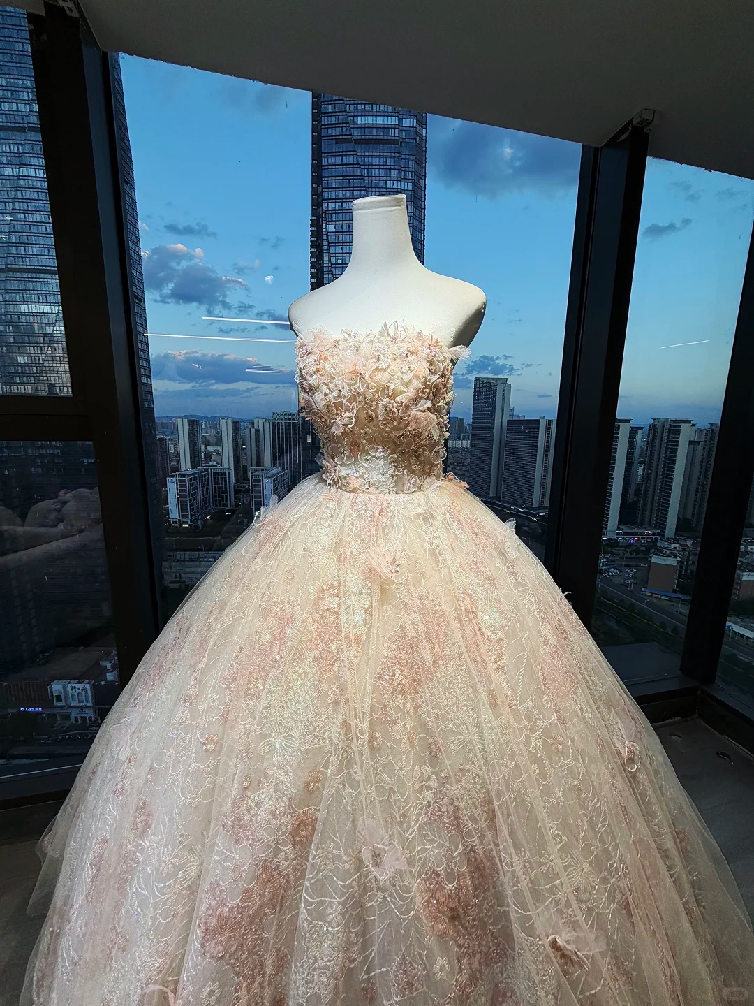 Strapless Champagne Pink Prom Dress 3D Flowers Hand Beading Lace Sequin Tulle Ball Gown  NV7048