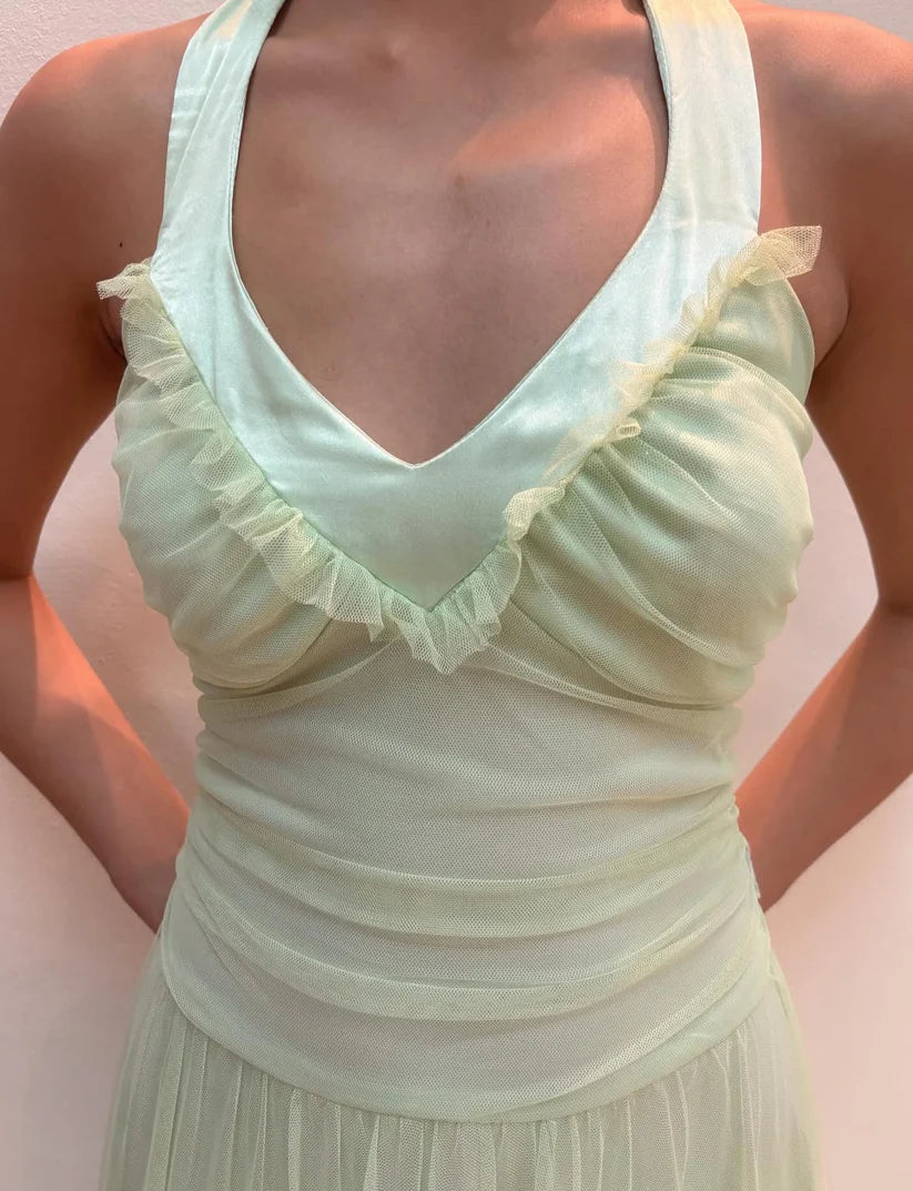 NiceVestidos--SSleeveless Light Green Tulle Halter A - line Floor - length Evening Dress NV5773