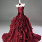 NiceVestidos-Burgundy 3D Floral Tulle Strapless Sleeveless Floor-Length Train Ball Gown NV6181