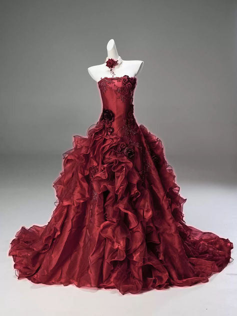 NiceVestidos-Burgundy 3D Floral Tulle Strapless Sleeveless Floor-Length Train Ball Gown NV6181