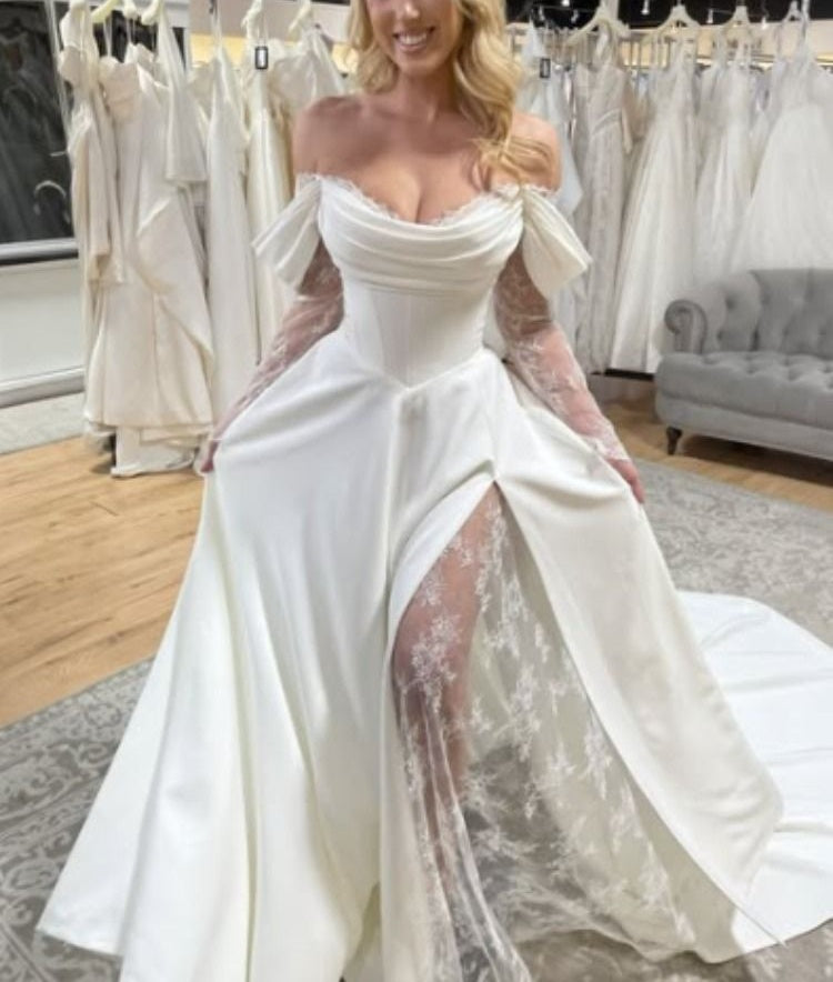 Cream Satin Off-the-Shoulder Lace Sleeve Slit Floor-Length Elegant Wedding Dress NV6232