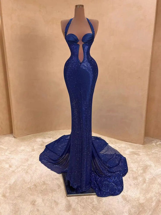 NiceVestidos-Royal Blue Sequin Halter Sleeveless Floor-Length Train Mermaid Gown NV6184