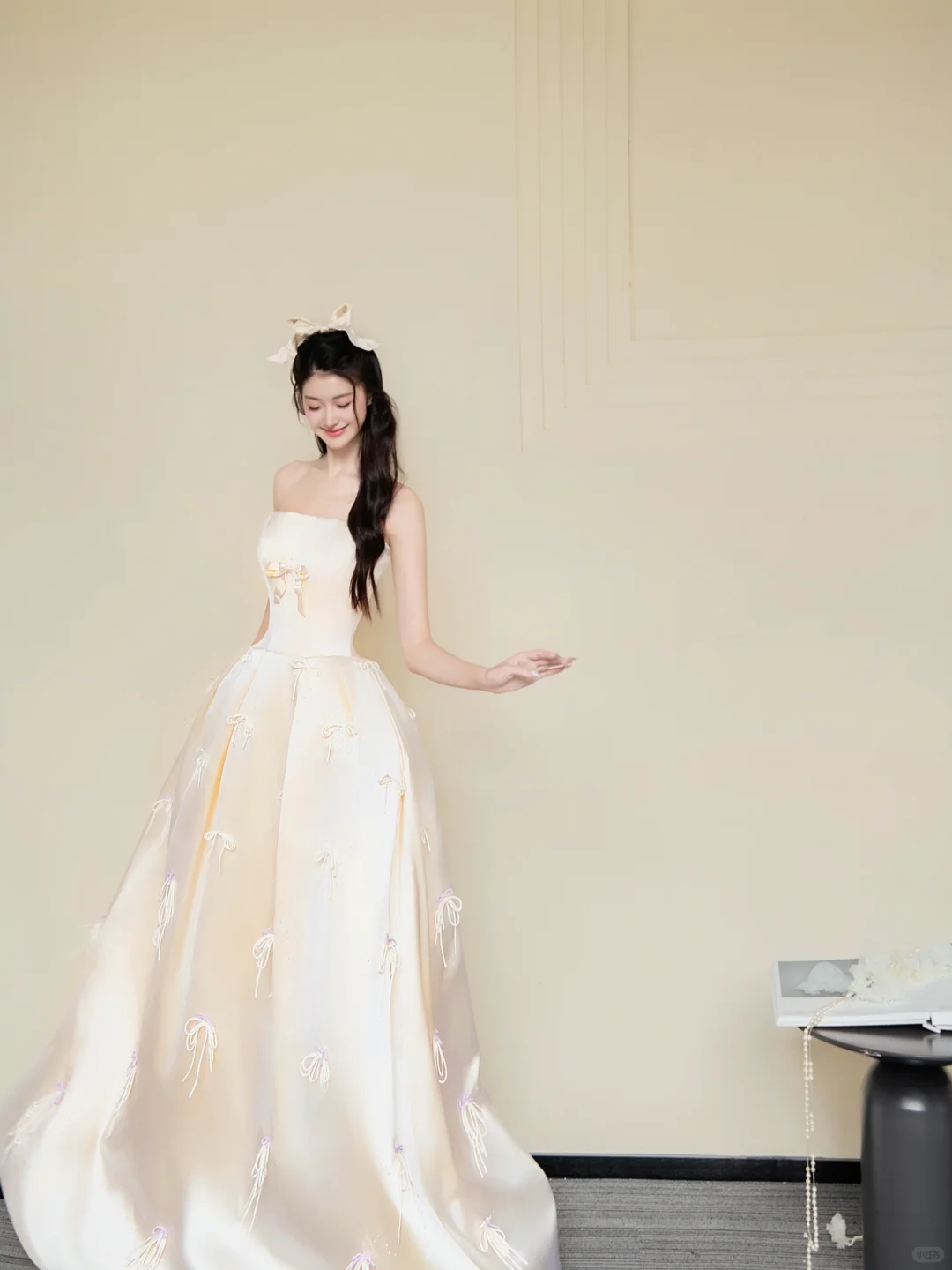 Champagne Strapless Bow Satin Ball Gown Prom Dress  NV7434