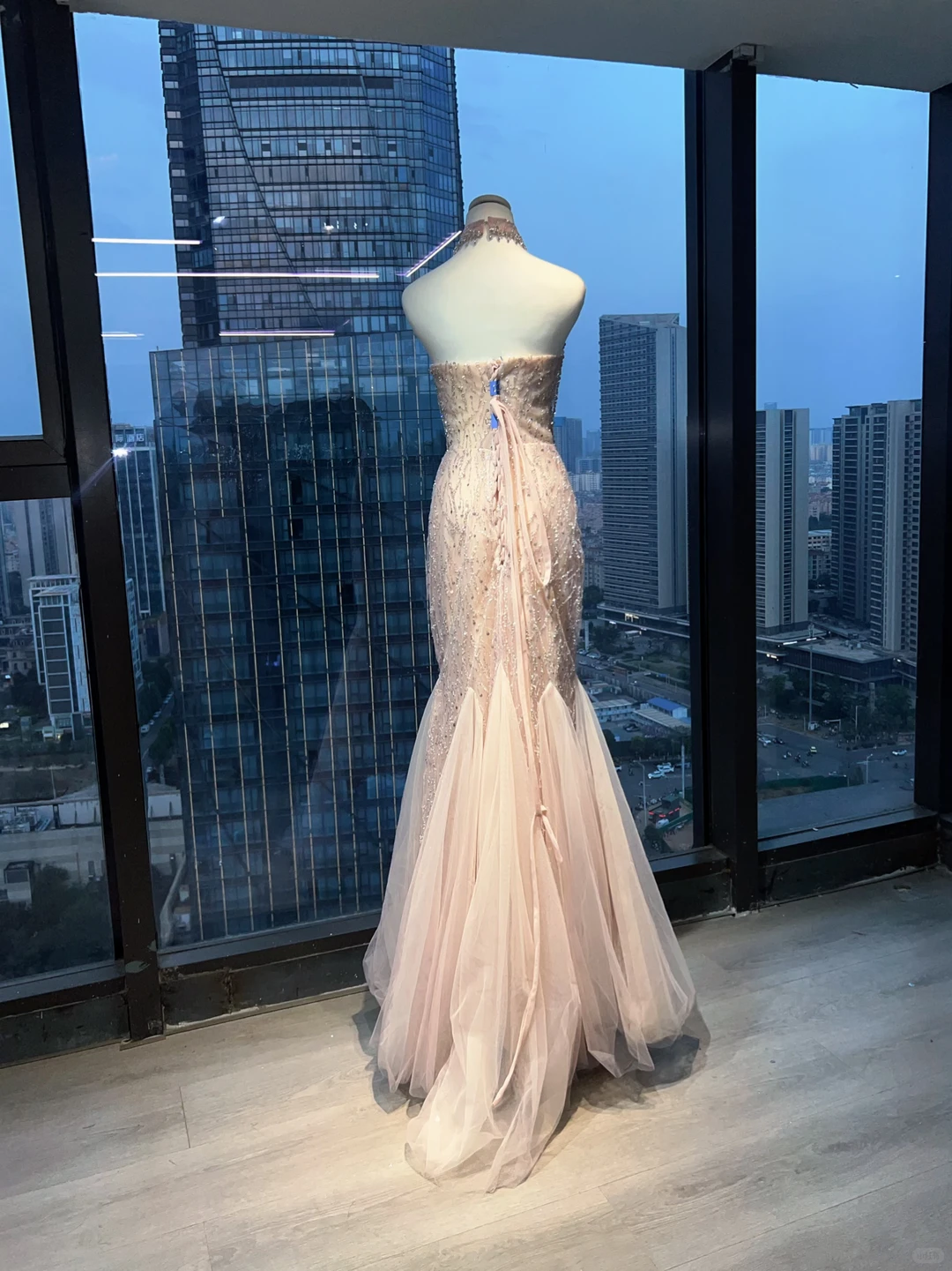 Strapless Nude Pink Mermaid Prom Dress Full Body Rhinestone Chain Beading Flowy Tulle Evening Gown  NV6984