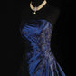 Robe de bal élégante en satin bleu marine, vintage, élégante, à épaules dénudées, longue, à perles, nv3769