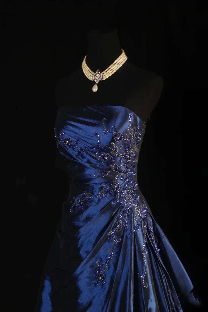 Robe de bal élégante en satin bleu marine, vintage, élégante, à épaules dénudées, longue, à perles, nv3769