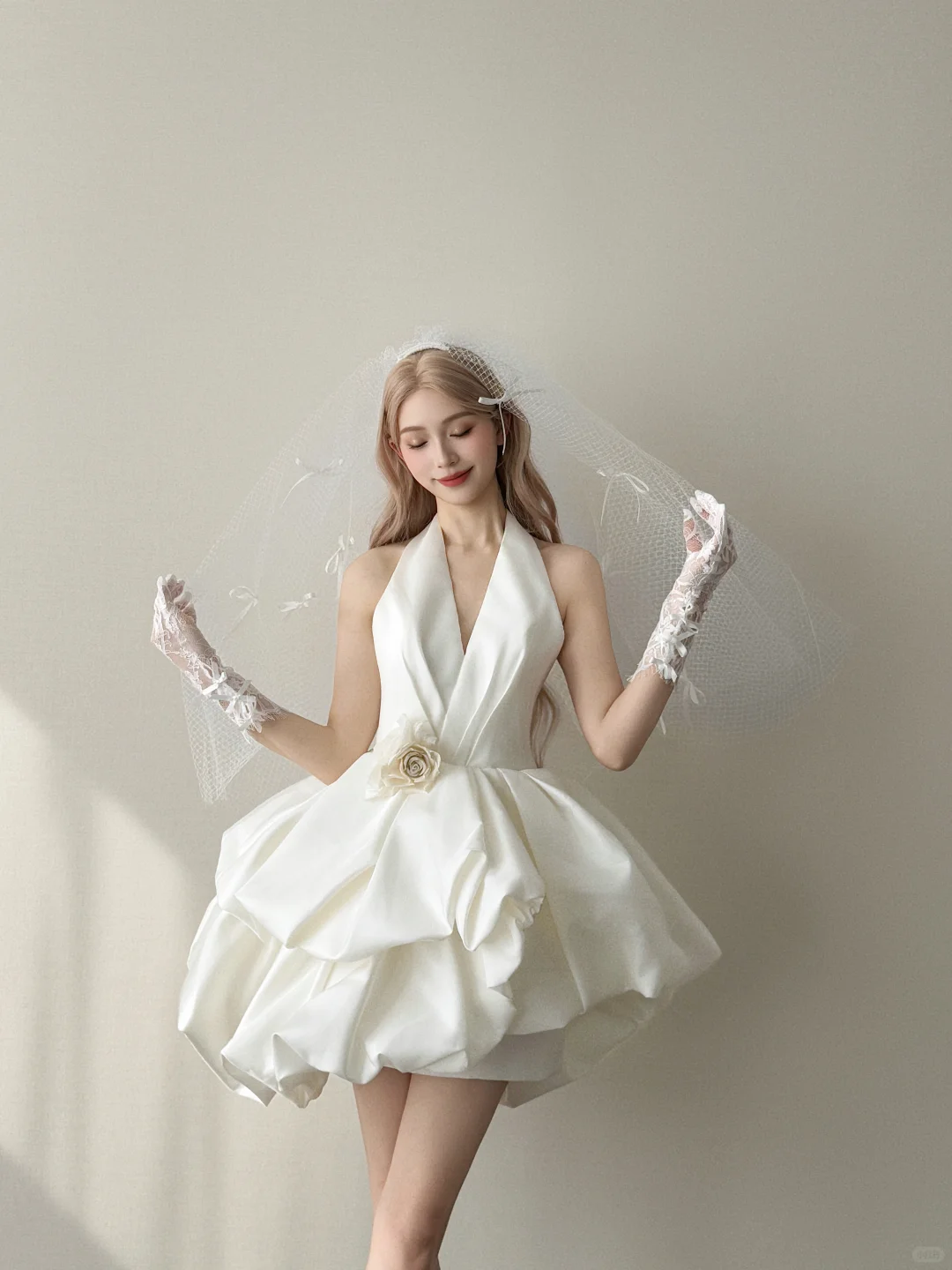 White Halter Deep V Bubble Mini Wedding Dress With 3D Flower  NV7142