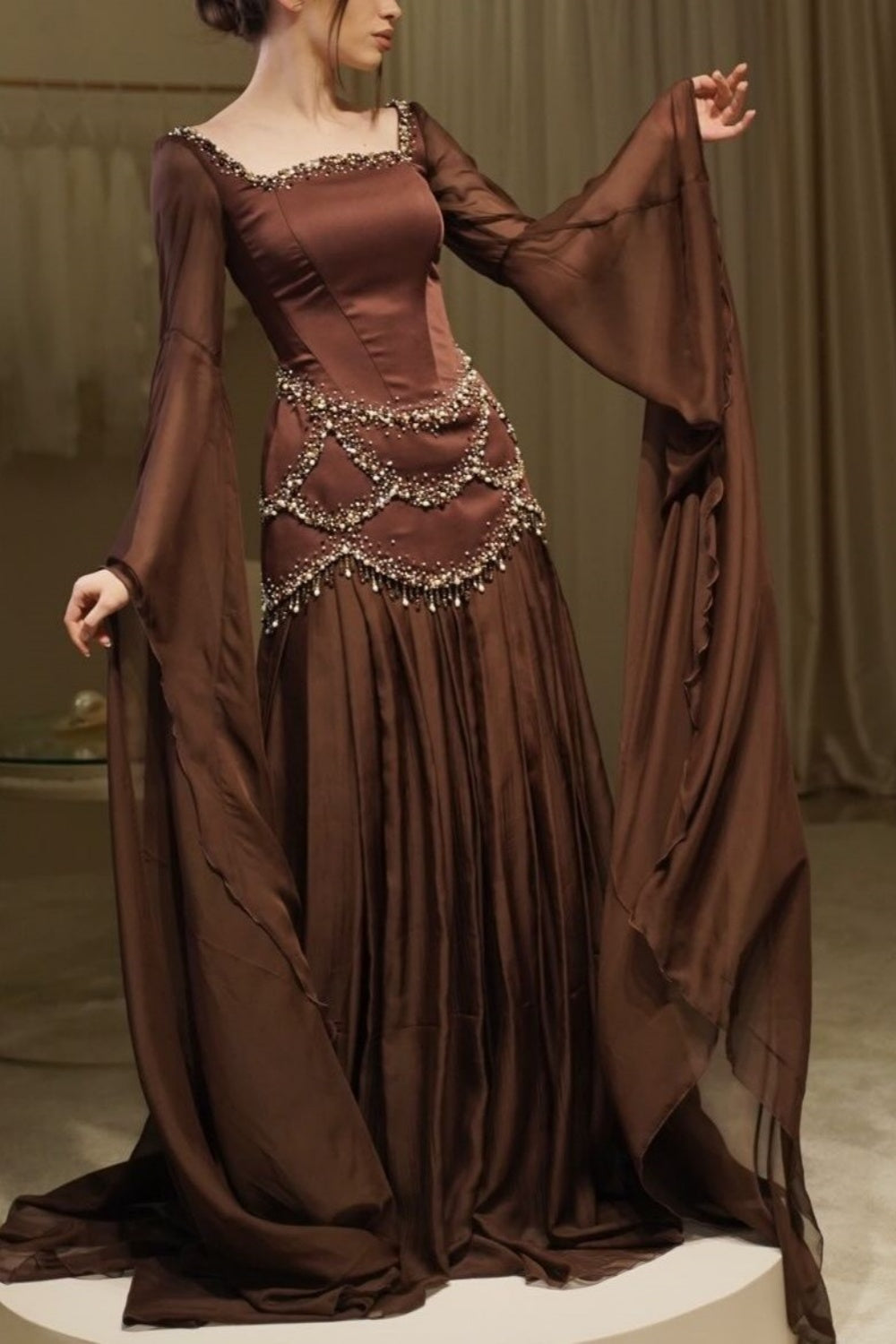 Retro Luxury Style Dark Brown Satin Beaded Square-Neck Long-Sleeve Gown - Elegant Dress for Dinner & Red Carpet NV6381
