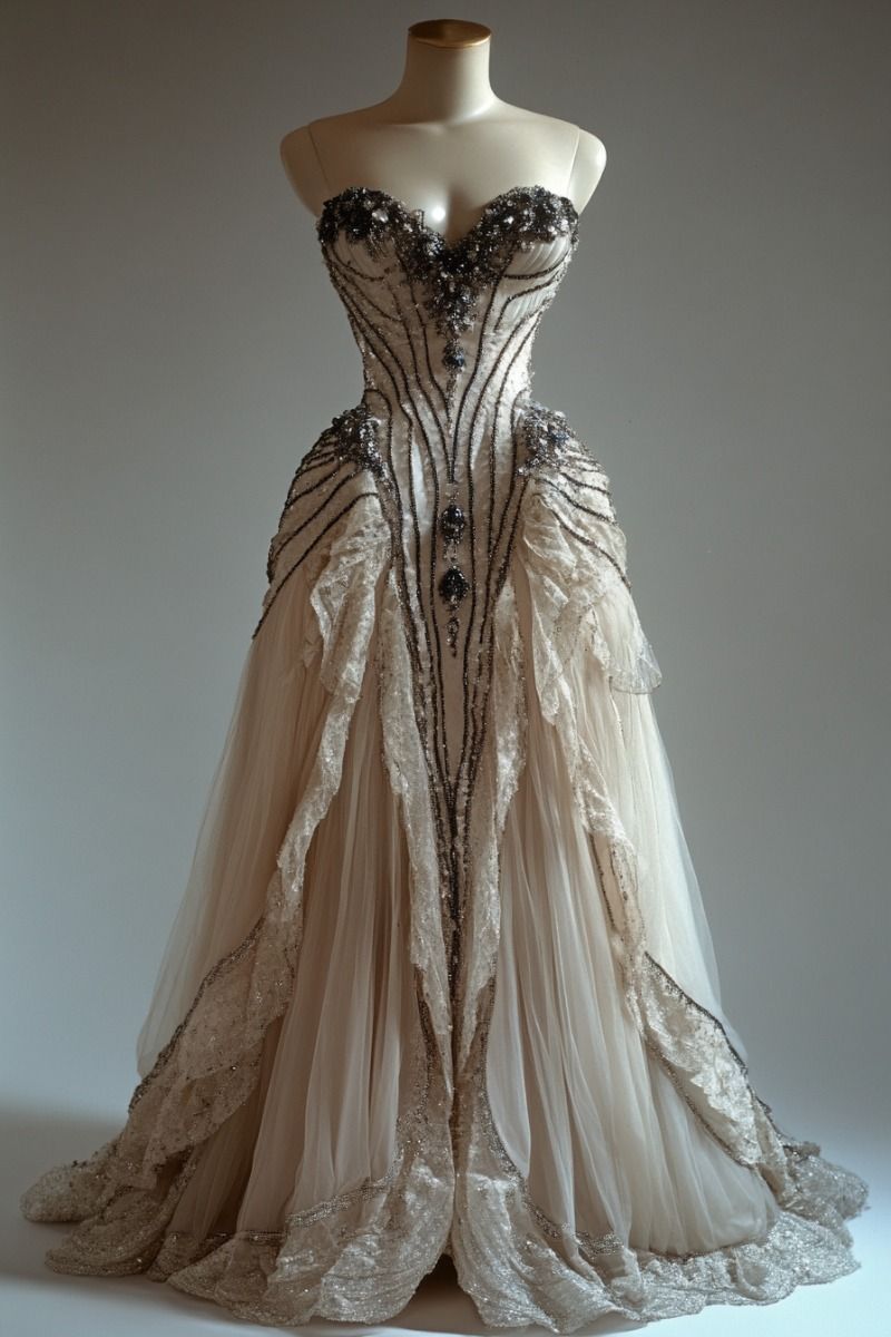 Ivory White Beaded Sweetheart Neck Lace Elegant Long Fairy Tulle Ball Gown nv4845