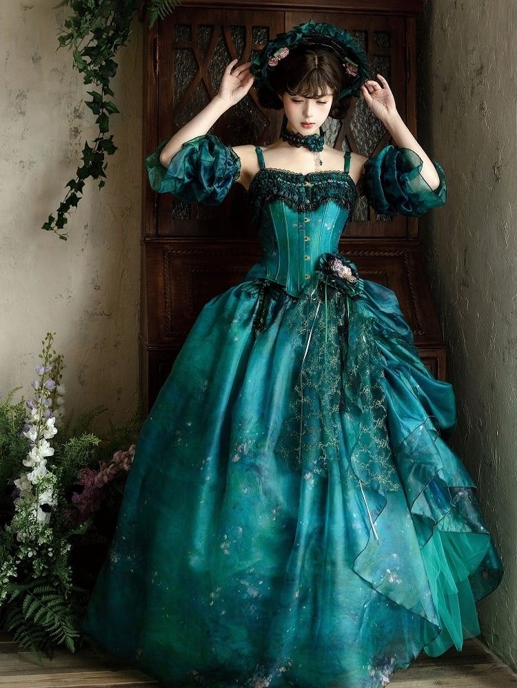 Star-Patterned Dark Luxury Style Emerald Green Lolita Court Ballgown - Forest Theme Tea Party & Cosplay Dress NV6390
