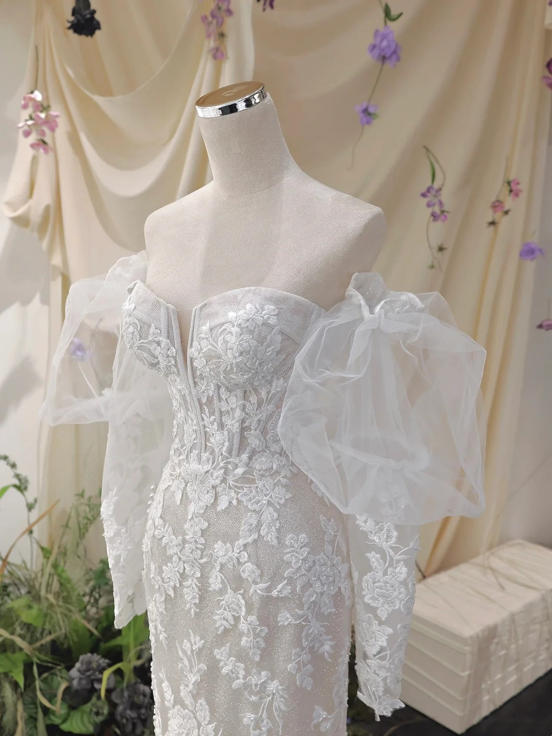 White floral applique lace long mermaid slim fit floor length ball gown evening gown wedding dress nv4434