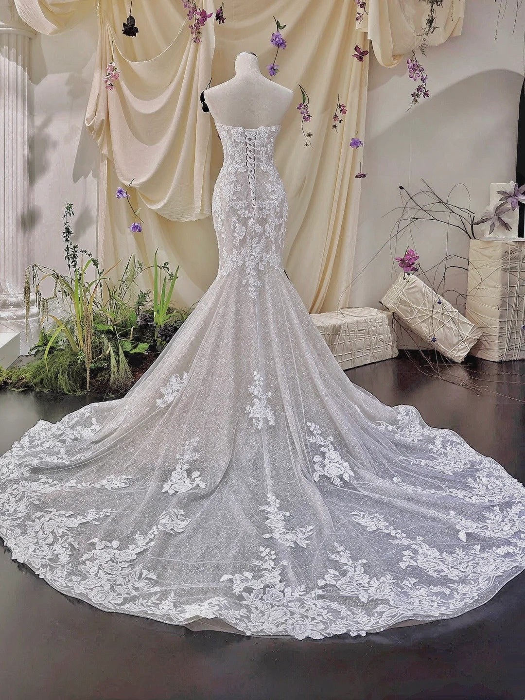 White floral applique lace long mermaid slim fit floor length ball gown evening gown wedding dress nv4434