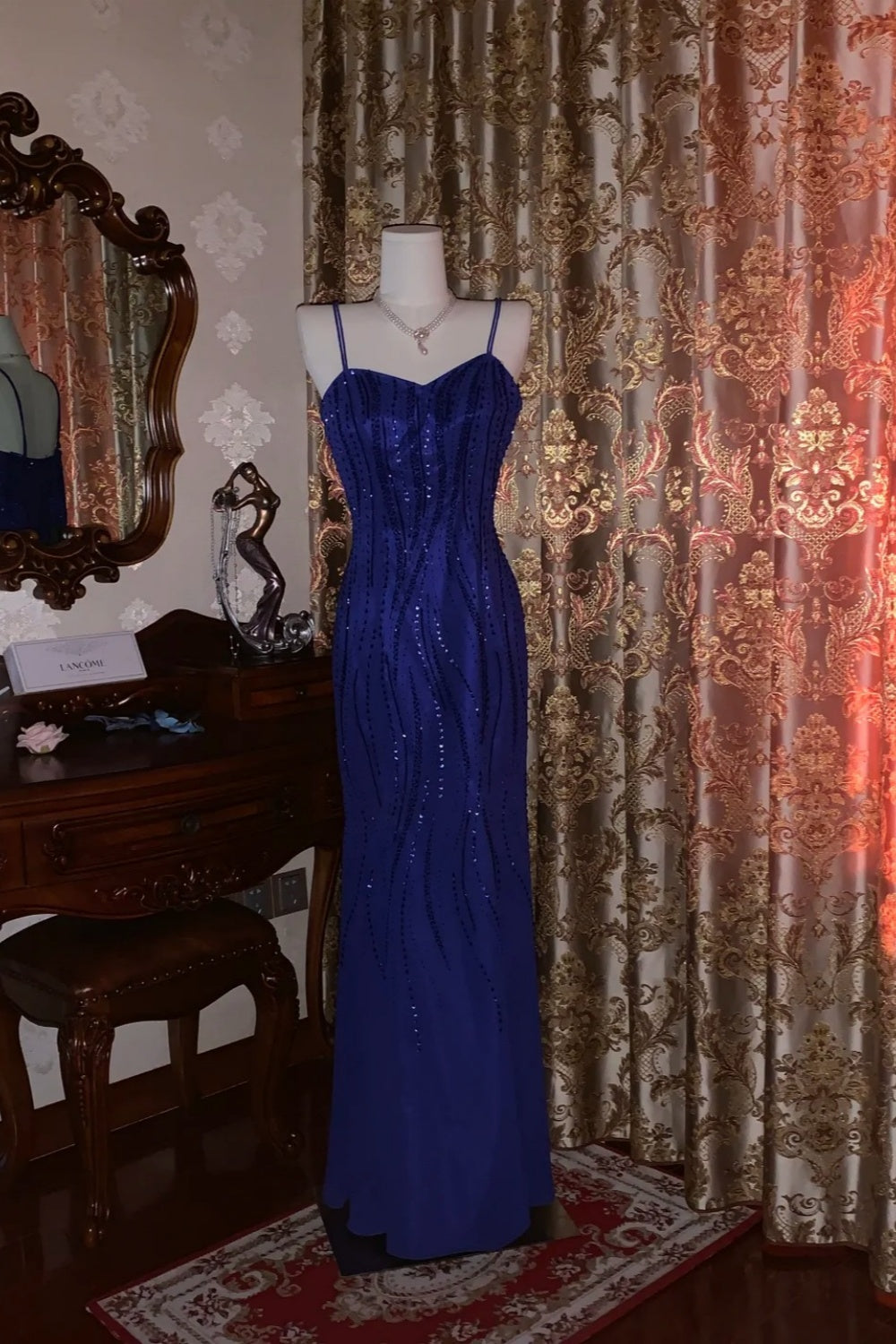 Luxury Shimmer Style Royal Blue Beaded Camisole Mermaid Floor-Length Gown - Elegant Dress for Dinner & Cocktail Party NV6369