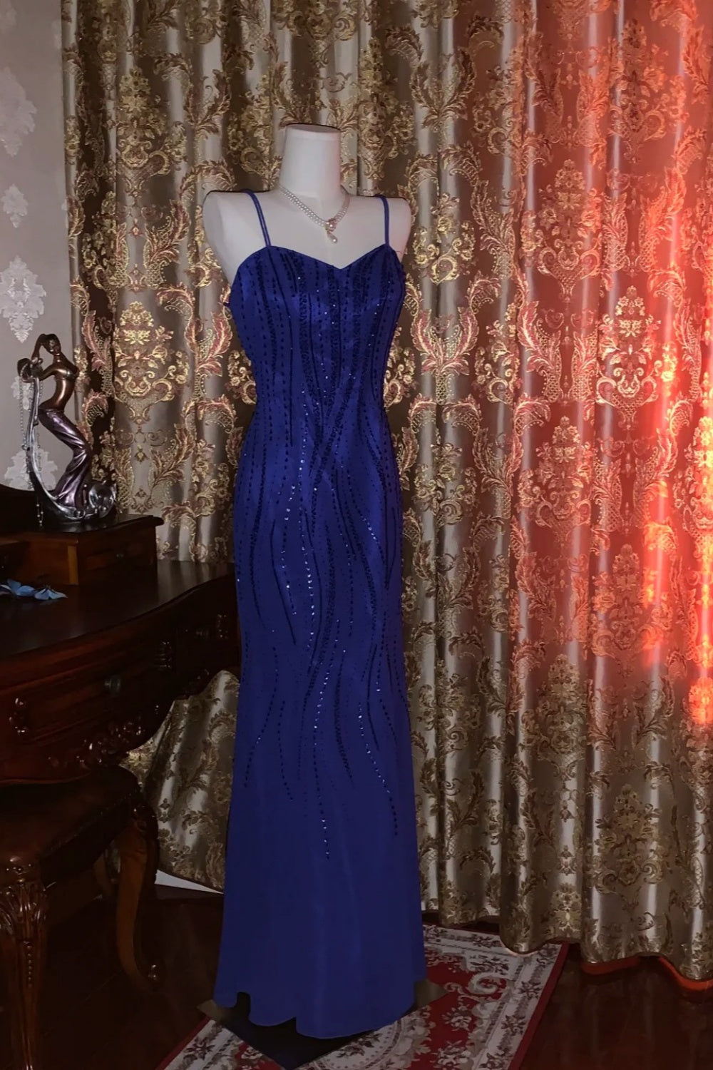 Luxury Shimmer Style Royal Blue Beaded Camisole Mermaid Floor-Length Gown - Elegant Dress for Dinner & Cocktail Party NV6369